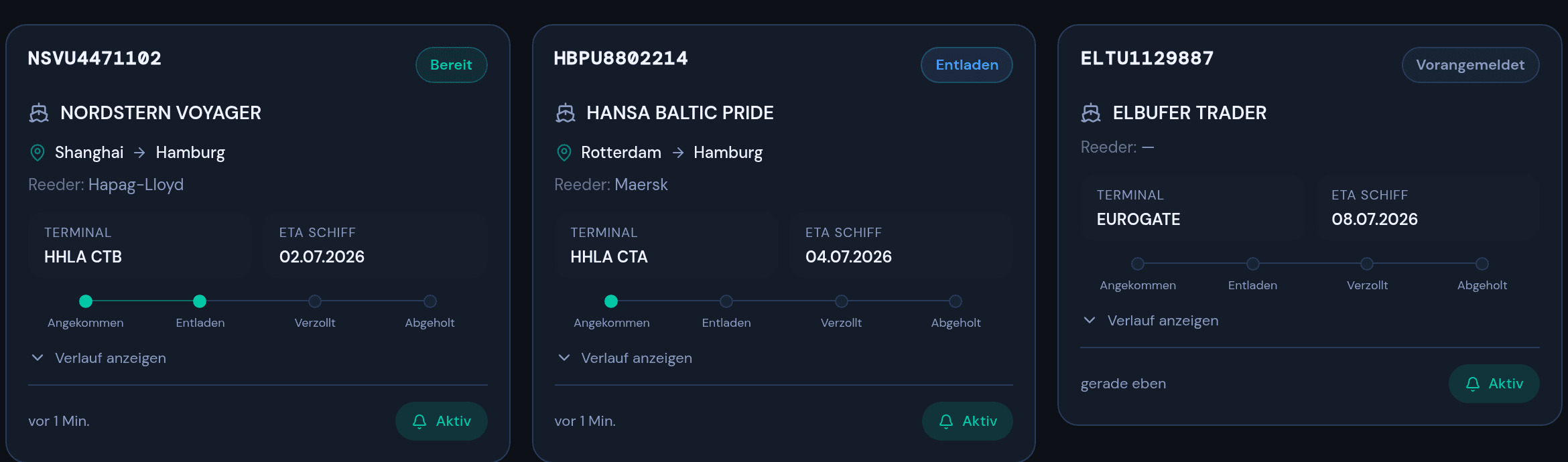 Shipscoper Containerwatch: Container-Status-Karten mit Angekommen/Entladen/Verzollt/Abgeholt-Pipeline