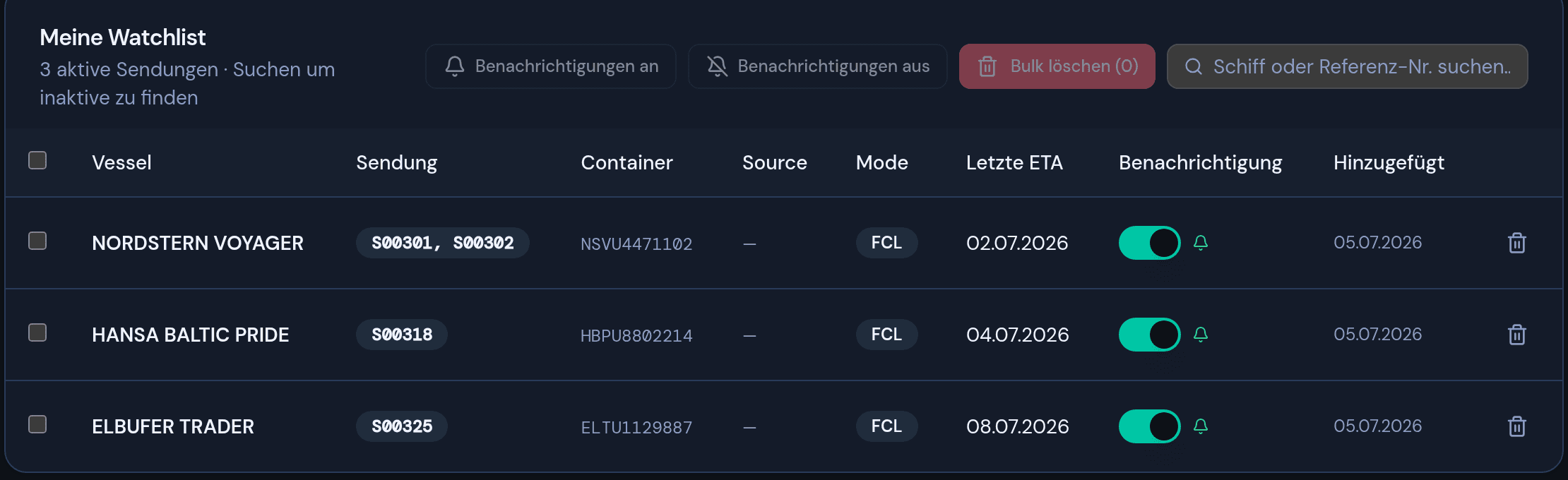 Shipscoper Watchlist: beobachtete Schiffe mit zugeordneten Referenznummern und automatischer Excel-Zuordnung